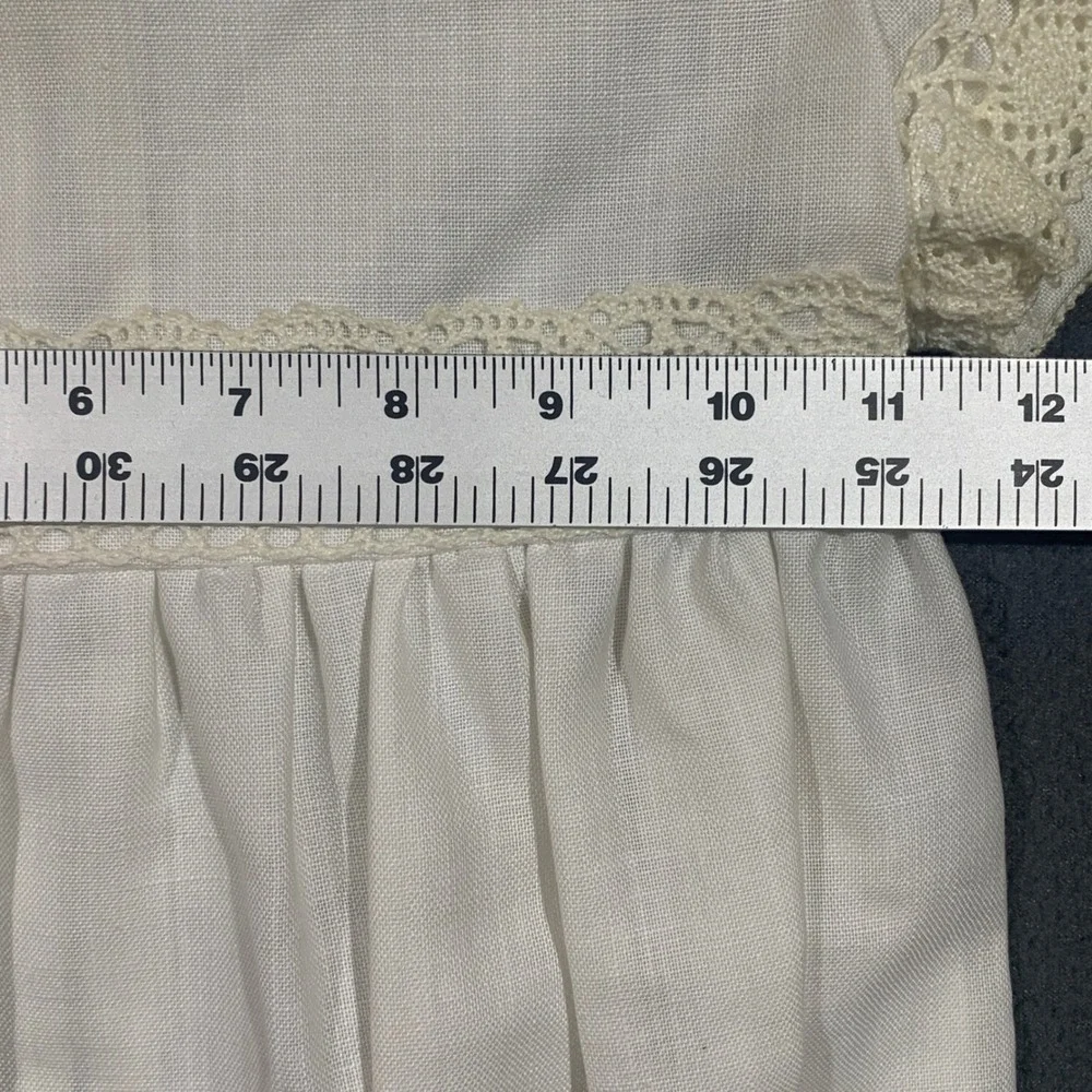 Vintage Girls Ivory Linen Lace Trim Empire Waist Dress‎ Short Sleeve 26.5in L